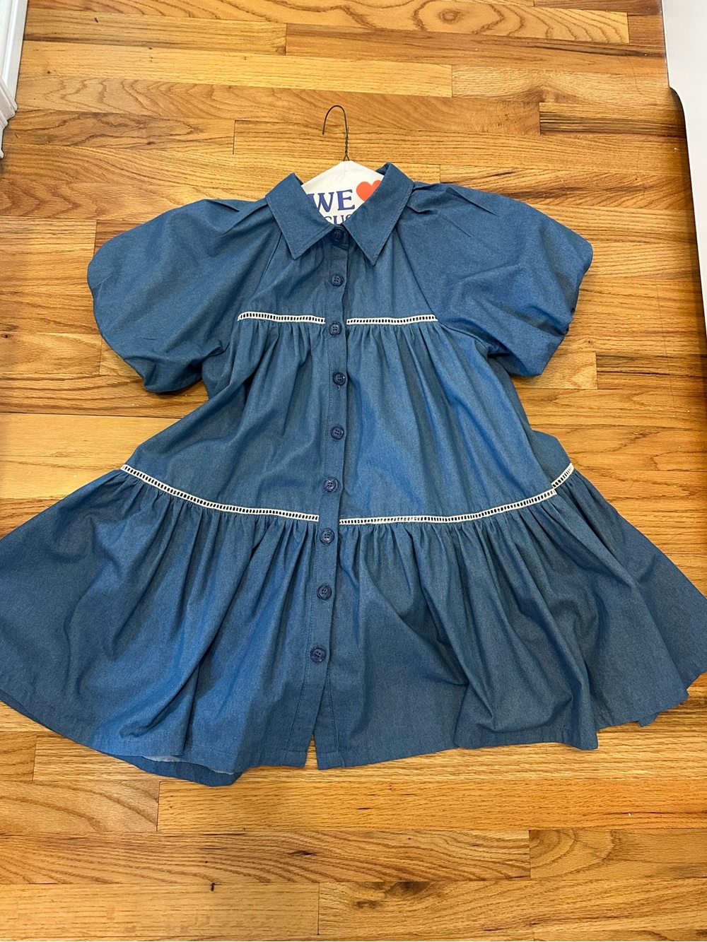 Women’s Blue Denim Button-Front Dress with Puff Sleeves size XS - Picture 2 of 12